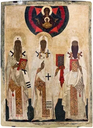 Les trois saints évêques de Rostov : Isaïe (mort en 1090), Léonce (mort en 1077), Ignace (mort en 1288) - Icône russe : Les trois saints évêques de Rostov : Isaïe, Léonce et Ignace. Fin du XVe siècle, Musée-réserve d