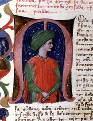 Lettrine « m » et miniature représentant le sophiste, Philostrate. Manuscrit de Boccace