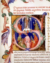 Lettrine de "s" avec miniature représentant des païens vénérant leur idole, en dessous deux musiciens et un chanteur - dans "De civitate dei" de Saint Augustin, début du 15ème siècle. Bibliothèque municipale de Rimini.