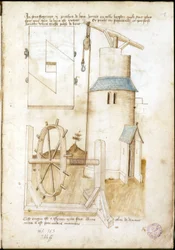 Système de levage avec poulie pour chantier - Manuscrit : feuille de parchemin d