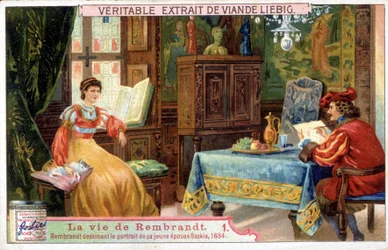 Chromolithographie Liebig sur la vie de Rembrandt (1606 - 1669), peintre néerlandais. Ici dessinant le portrait de sa jeune épouse Saskia en 1654