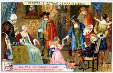 Chromolithographie Liebig sur la vie de Rembrandt (1606 - 1669) peintre néerlandais, ici représentant le maire Jean Six en 1654