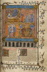 Vie de Jules César : quatre miniatures montrant sa naissance, son divorce, son pontificat et son combat avec Pompée ; texte avec initiales décorées et bordure avec oiseaux et grotesques.