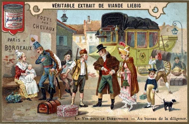 La vie sous le Directoire : au bureau de la diligence. Chromolithographie, image Liebig