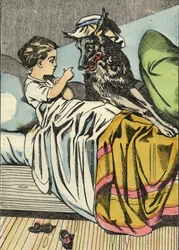 Le Petit Chaperon Rouge demande au loup, "Grand-mère, comme vous avez de grandes dents." Illustration du conte "Le Petit Chaperon Rouge" de Charles Perrault