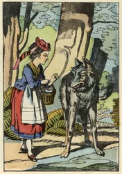 Le Petit Chaperon Rouge rencontre le loup dans la forêt. Illustration du conte « Le Petit Chaperon Rouge » de Charles Perrault