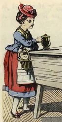 Le Petit Chaperon Rouge met de la nourriture pour sa grand-mère sur la huche. Illustration du conte « Le Petit Chaperon Rouge » de Charles Perrault