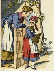 La mère du Petit Chaperon Rouge lui donne ses dernières recommandations pour aller chez la grand-mère. Illustration du conte « Le Petit Chaperon Rouge » de Charles Perrault.