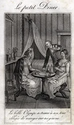 Petit dîner. Olympe de Gouges (1748-1793), femme de lettres et révolutionnaire française avec Céline, une de ses amies