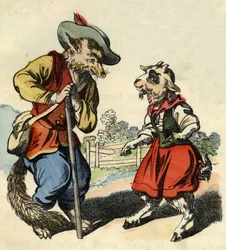 Le petit chevreau parle avec Maître Renard. Illustration du conte « Bon Médor et la Petite Chevrette ». Dans « Contes de la maison pour les petits ». Gravure anonyme du XIXe siècle