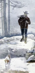 Chasseur solitaire avec chien dans un paysage enneigé, fin du 19ème siècle