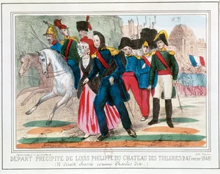Louis Philippe de France quitte le Palais des Tuileries en 1848 (gravure en couleur)