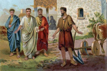 Lucius Quinctius Cincinnatus (v. 520/v. 430 av. J.-C.), consul romain, occupé à des travaux agricoles lorsque les sénateurs (Sénat de l