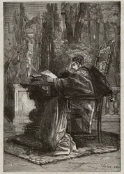 Lucrèce Borgia (1480-1519) par la main mourante de Léon X (Leone 10) (1475-1521) - gravure de « Lucrezia Borgia » par Oscar Pio - 1883