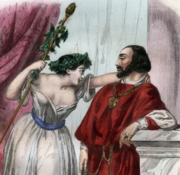 Lucrèce Borgia (1480-1519) avec son frère César Borgia. (Lucrezia et Cesare Borgia). Gravure de 1842 dans « Histoire des papes : crimes, meurtres, empoisonnements, parricides, adultères, incestes... par Maurice Lachatre. Collection privée.