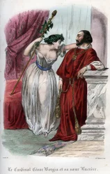 Lucrezia Borgia (1480-1519) avec son frère Cesare Borgia. (Lucrezia et Cesare Borgia). Gravure de 1842 dans « Histoire des popes: crimes, murders, poisonings, parricides, adulteres, incest... » de Maurice Lachâtre. Collection privée.