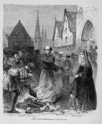 Luther brûle solennellement la bulle du pape - dans « Histoire des papes » de Maurice Lachatre, sd. 19ème siècle