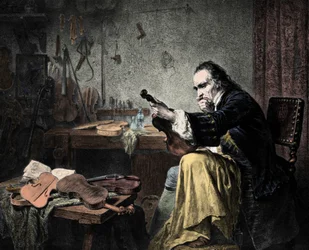 Le luthier Stradivarius (Antonio Stradivari) (1644-1737) dans son atelier. Gravure de Hammann. Le fabricant de violons Antonio Stradivari (Stradivarius) au travail.