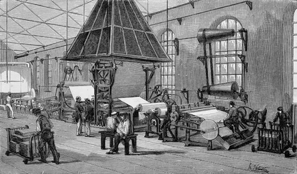 Machine à fabriquer du papier en continu. Gravure du 19e siècle