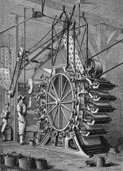 Machine pour imprimer des papiers peints en 10 couleurs, gravure du 19e siècle