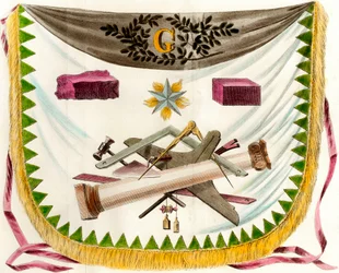 Tablier de franc-maçon représentant des symboles de la franc-maçonnerie. Gravure du XIXe siècle. Collection privée