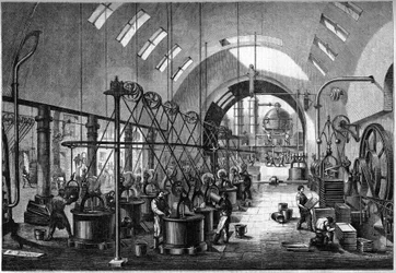 Ateliers principaux de la grande raffinerie de sucre de Launay, propriété de M. Cedard à Nantes en 1864.