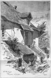 Maison de George Sand (Aurore Dupin, Baronne Dudevant) (1804-1876), écrivain française, à Gargilesse (Indre) sur les bords de la Creuse en France. Gravure dans "Le Monde Illustré"