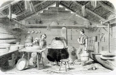 Fabrication du fromage Gruyère dans un chalet suisse, ou fromagerie dans les Alpes - dans «Les merveilles de l