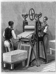 Fabrication de cartes à jouer par les anciennes méthodes. Cylindre de cartes à jouer. Gravure de 1893.