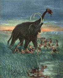 Scène de chasse au mammouth, âge de pierre.