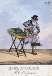 Homme pesant des oignons sur une balance accrochée à sa ceinture. Illustration du 19ème siècle. Gravure du 19ème siècle