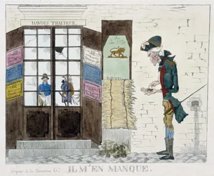 Homme sans sou devant la boutique de restauration - gravure