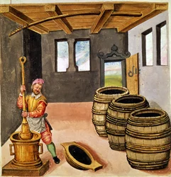 Fabrication de poudre noire - dans Manuale di pirotechnia, armeria e fortificazioni du 16ème siècle.