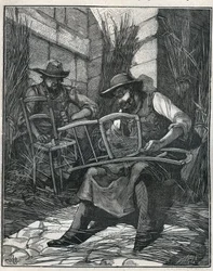 Fabrication de chaises : paillage et cannage de chaises. Gravure de 1885 dans « Les arts et métiers illustrés » par Adolphe Bitard.