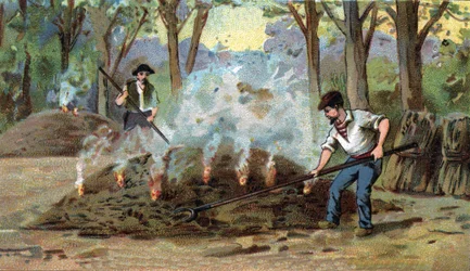 Fabrication du charbon de bois, four de combustion. Chromolithographie de la fin du 19e siècle.
