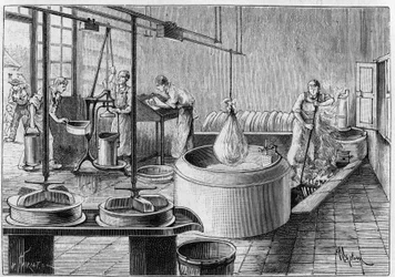 Fabrication du gruyère : une fromagerie moderne. Gravure dans « La Nature : revue des sciences et de leurs applications aux arts et à l