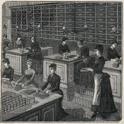 Fabrication de plumes métalliques : tri et emballage des plumes dans une usine en France au XIXe siècle. Gravure de 1885 dans « Les arts et métiers illustrés » par Adolphe Bitard.