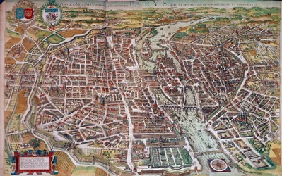 Carte et plan de Paris avec vue des îles et des faubourgs. 17ème siècle. Paris, B.N.