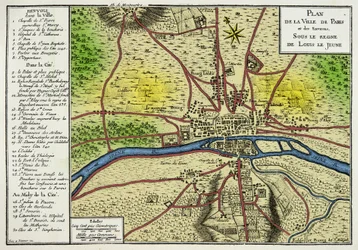 Carte de la ville de Paris sous le règne de Louis le Jeune (Louis VII 1120-1180) Roi des Francs, Gravure 19ème siècle