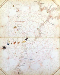 Carte montrant Gibraltar, le Maroc et les îles Canaries. Portulan du 15ème siècle