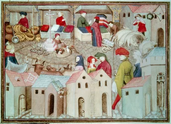 Marché de Champeaux à Paris. Marchands de bétail et de volaille, drapiers. Miniature tirée de "Le Chevalier Errant" de Thomas de Saluces (Tommaso III di Saluzzo), vers 1403-1404. Paris, B.N.
