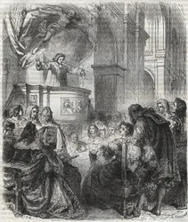 Marie de Rabutin-Chantal, marquise de Sévigné connue sous le nom de Madame de Sévigné (1626-1696), écoutant Louis Bourdaloue (1632-1704) à l