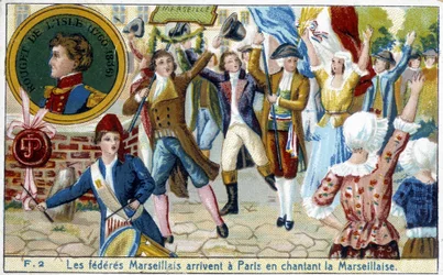 Les fédérés de Marseille arrivent à Paris en chantant la Marseillaise - chromolithographie, fin XIXe siècle