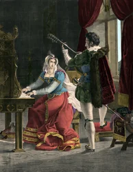 Marie Stuart et David Rizzio - Marie Ire Stuart (1542-1587) avec David Rizzio - Gravure du XIXe siècle.