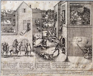 Massacre de la Saint-Barthélemy à Paris dans la nuit du 24 août 1572. Gravure du 16e siècle. Pau, Musée du Château