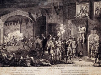 Massacre de la Saint-Barthélemy à Paris dans la nuit du 24 août 1572. Gravure du XVIe siècle. Pau, Musée du Château