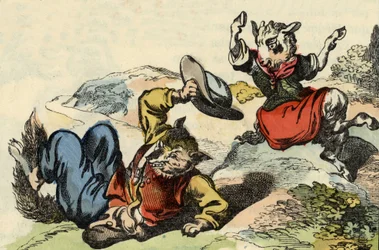 Maître renard joue avec Petite Chevrette. Illustration du conte "Bon Médor et Petite Chevrette". Dans "Contes de la maison pour les petits". Gravure anonyme du 19ème siècle