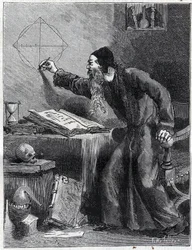 Mathématiques et Géométrie : Chercheur scientifique de la quadrature du cercle au XVIe siècle. Gravure dans « La Nature » 1890. Collection privée.