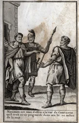 Maximien Hercule (Marcus Aurelius Valerius Maximianus) (vers 250-310), empereur romain, saisi de peur à la vue de Constantin (Constantin Ier, Flavius Valerius Aurelius Constantinus, 272-306), son gendre, qu