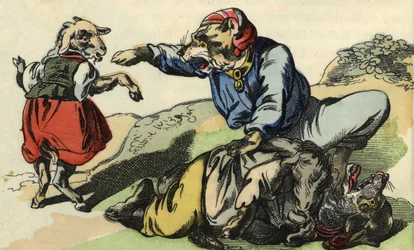 Médor sauve Petite Chevrette du loup. Illustration du conte "Bon Médor et Petite Chevrette". Dans "Contes de la maison pour les petits". Gravure anonyme du 19ème siècle